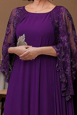 Elegante roxo uma linha xaile manga mãe de vestido de noiva com apliques