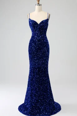 Elegante Royal Blue Sereia Esparguete Correias Veludo Lantejoulas Long Prom Dress