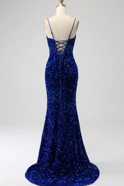 Elegante Royal Blue Sereia Esparguete Correias Veludo Lantejoulas Long Prom Dress