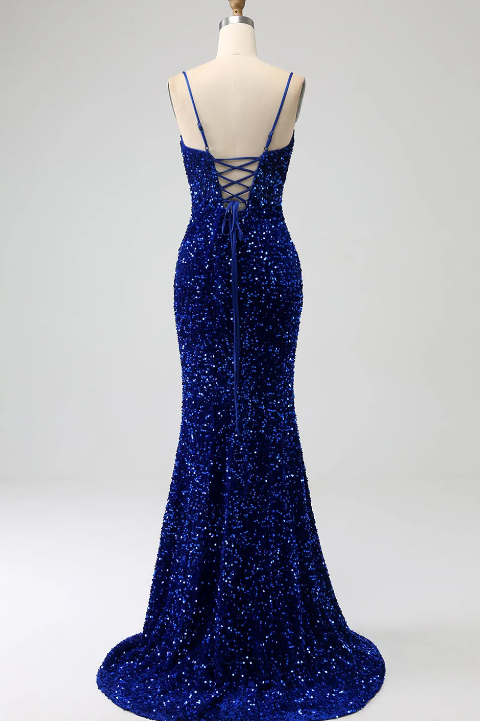 Elegante Royal Blue Sereia Esparguete Correias Veludo Lantejoulas Long Prom Dress