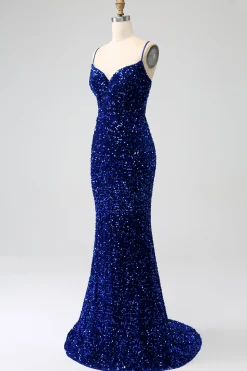Elegante Royal Blue Sereia Esparguete Correias Veludo Lantejoulas Long Prom Dress