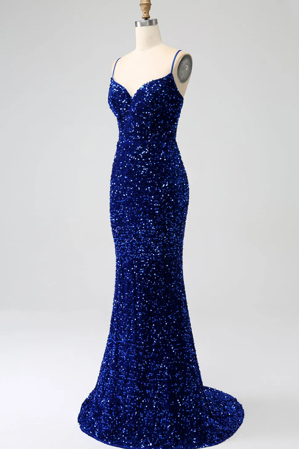 Elegante Royal Blue Sereia Esparguete Correias Veludo Lantejoulas Long Prom Dress