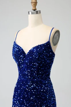 Elegante Royal Blue Sereia Esparguete Correias Veludo Lantejoulas Long Prom Dress