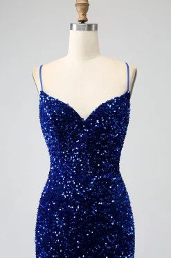 Elegante Royal Blue Sereia Esparguete Correias Veludo Lantejoulas Long Prom Dress