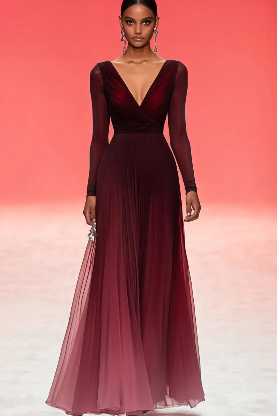 Elegante Ruched A Linha V Pescoço Borgonha Vestido de Baile Militar com Mangas Longas