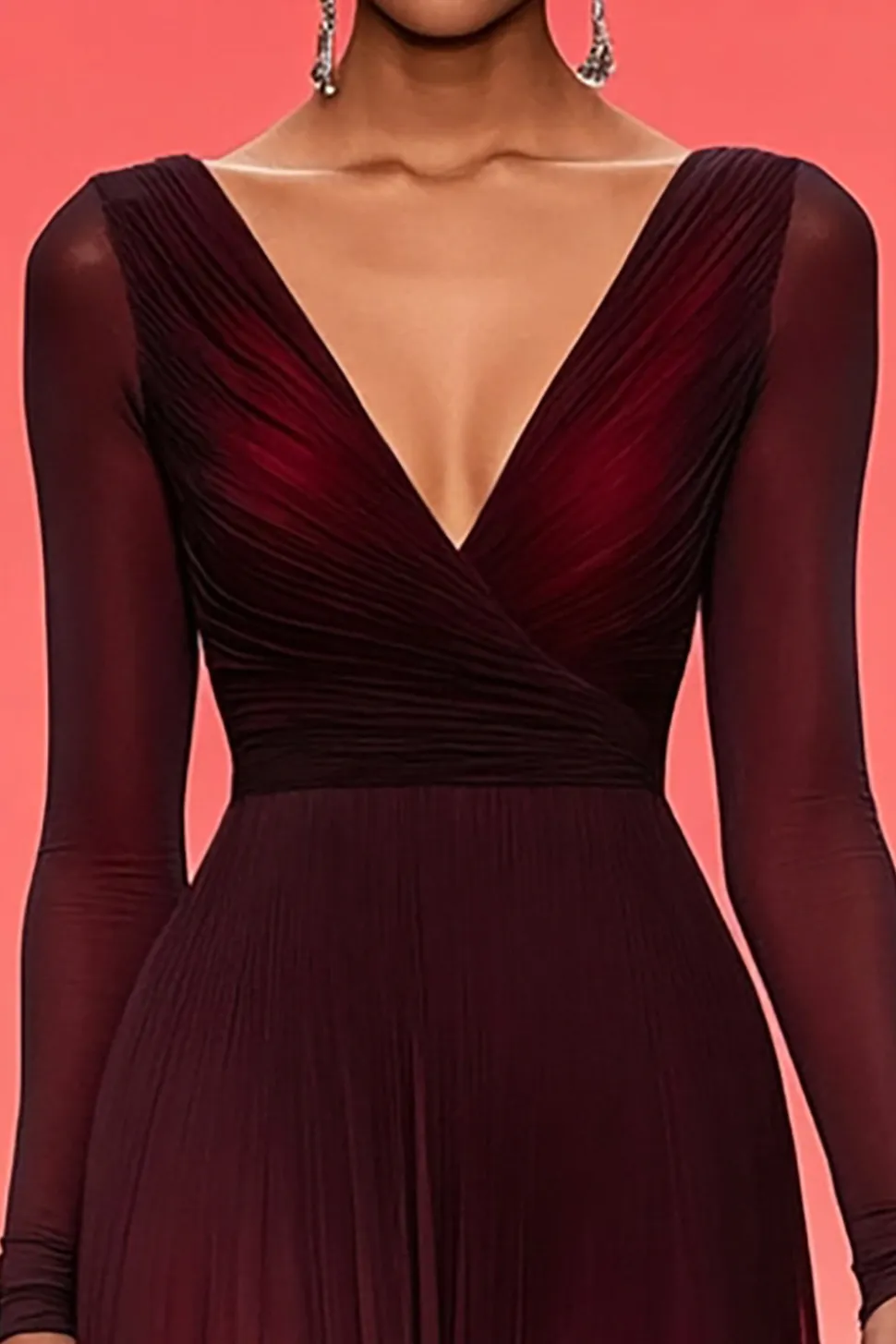 Elegante Ruched A Linha V Pescoço Borgonha Vestido de Baile Militar com Mangas Longas