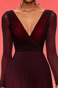 Elegante Ruched A Linha V Pescoço Borgonha Vestido de Baile Militar com Mangas Longas