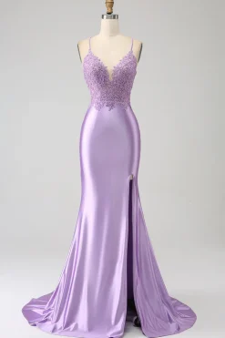 Elegante Sereia Esparguete Alças Lilás Vestido Longo Baile de Formatura com Apliques Fenda