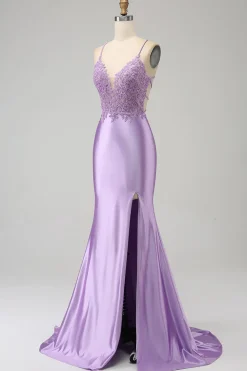 Elegante Sereia Esparguete Alças Lilás Vestido Longo Baile de Formatura com Apliques Fenda