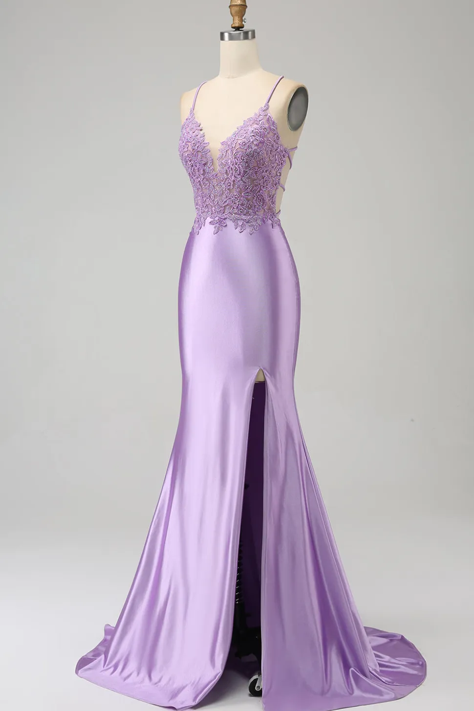 Elegante Sereia Esparguete Alças Lilás Vestido Longo Baile de Formatura com Apliques Fenda