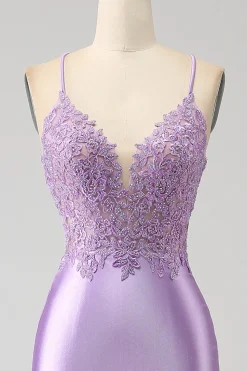 Elegante Sereia Esparguete Alças Lilás Vestido Longo Baile de Formatura com Apliques Fenda