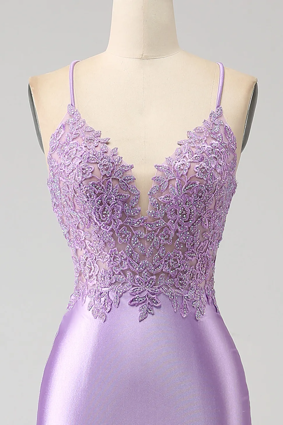 Elegante Sereia Esparguete Alças Lilás Vestido Longo Baile de Formatura com Apliques Fenda