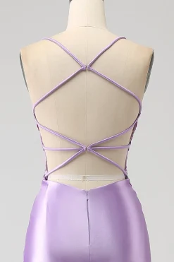Elegante Sereia Esparguete Alças Lilás Vestido Longo Baile de Formatura com Apliques Fenda