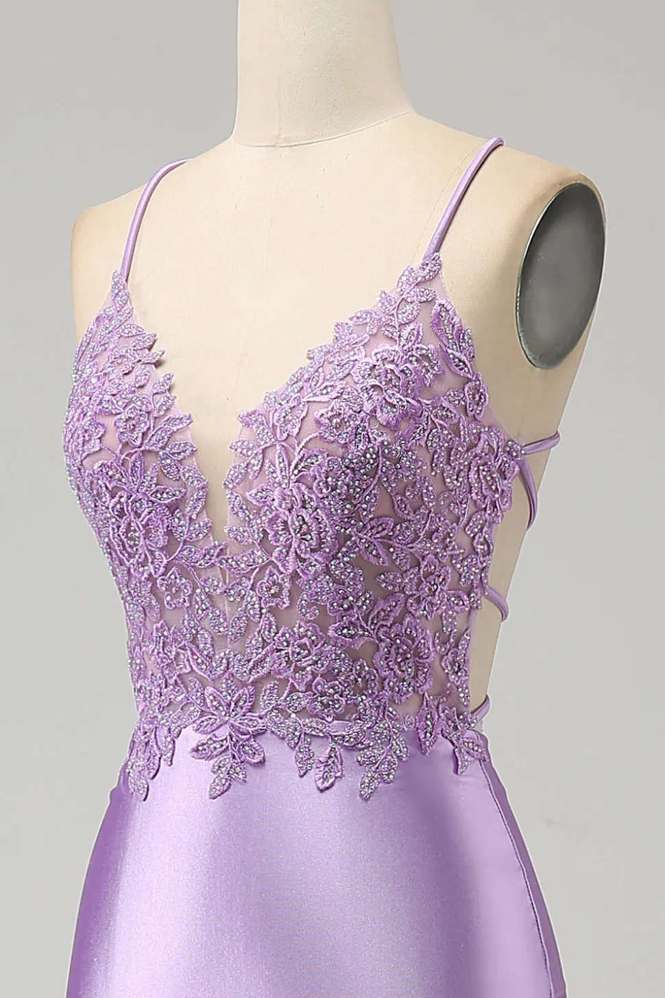 Elegante Sereia Esparguete Alças Lilás Vestido Longo Baile de Formatura com Apliques Fenda