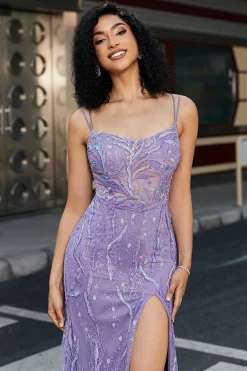 Elegante Sereia Esparguete Alças Lilás Longo Vestido de Baile com Fenda