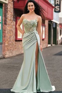 Elegante sereia sálvia plissado lantejoulas espartilho longo vestido de baile com fenda alta