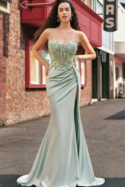 Elegante sereia sálvia plissado lantejoulas espartilho longo vestido de baile com fenda alta