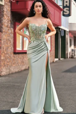 Elegante sereia sálvia plissado lantejoulas espartilho longo vestido de baile com fenda alta