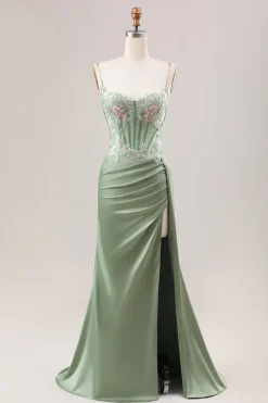 Elegante sereia sálvia plissado lantejoulas espartilho longo vestido de baile com fenda alta