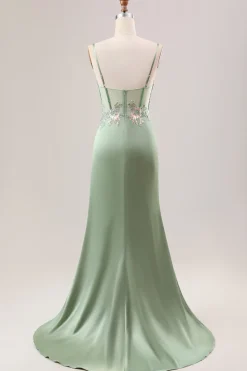 Elegante sereia sálvia plissado lantejoulas espartilho longo vestido de baile com fenda alta