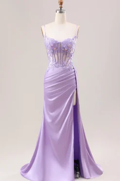 Elegante sereia sálvia plissado lantejoulas espartilho longo vestido de baile com fenda alta