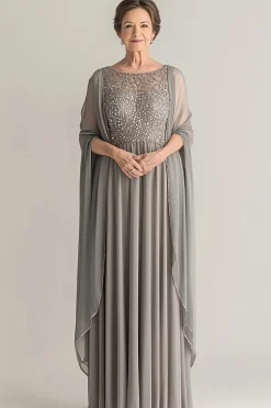 Elegante Sliver A-Line Scoop Long Chiffon Mãe Do Vestido da Noiva com Apliques de Renda
