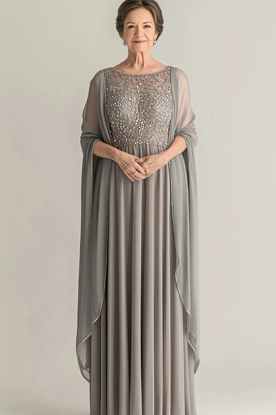 Elegante Sliver A-Line Scoop Long Chiffon Mãe Do Vestido da Noiva com Apliques de Renda