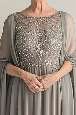 Elegante Sliver A-Line Scoop Long Chiffon Mãe Do Vestido da Noiva com Apliques de Renda