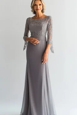 Elegante Sliver Shesth Scoop Long Chiffon Mãe Do Vestido da Noiva com Apliques de Renda
