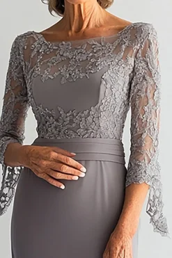 Elegante Sliver Shesth Scoop Long Chiffon Mãe Do Vestido da Noiva com Apliques de Renda