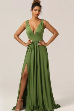 Elegante uma linha de azeitona profunda V-neck mangas vestido longo dama de honra