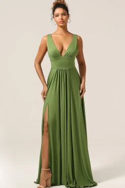 Elegante uma linha de azeitona profunda V-neck mangas vestido longo dama de honra
