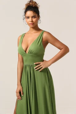 Elegante uma linha de azeitona profunda V-neck mangas vestido longo dama de honra