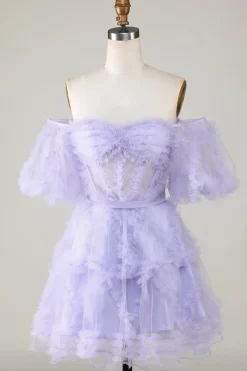 Elegante uma linha fora do ombro roxo Tulle Corset Homecoming Dress