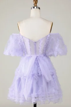 Elegante uma linha fora do ombro roxo Tulle Corset Homecoming Dress