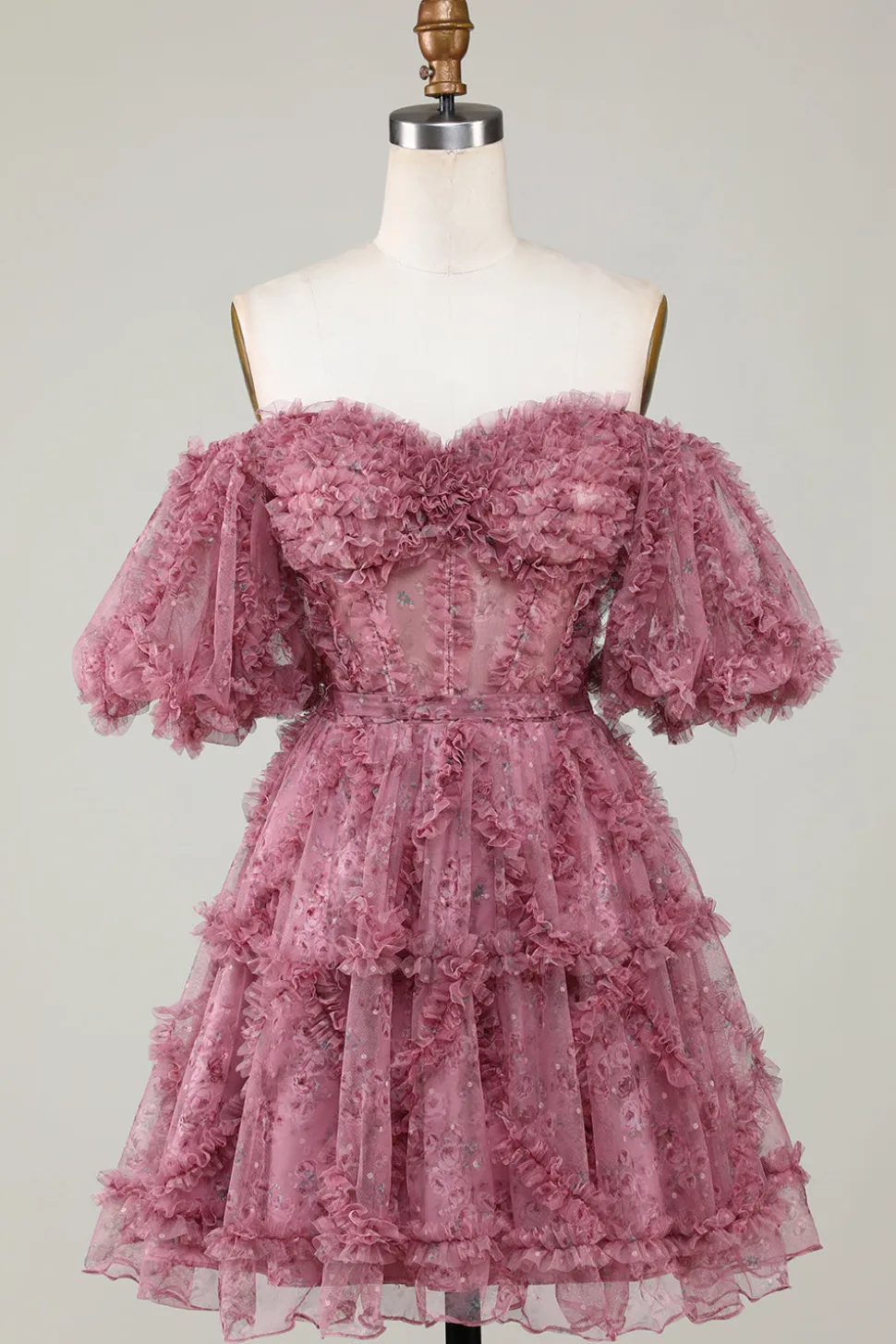 Elegante Uma linha fora do ombro Dusty Rose Tulle Short Homecoming Dress com mangas curtas