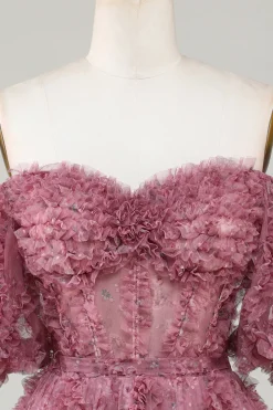 Elegante Uma linha fora do ombro Dusty Rose Tulle Short Homecoming Dress com mangas curtas