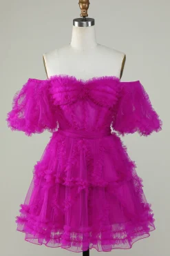 Elegante uma linha fora do ombro Fuchsia Tulle Corset Homecoming Dress