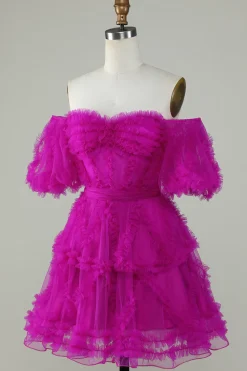 Elegante uma linha fora do ombro Fuchsia Tulle Corset Homecoming Dress