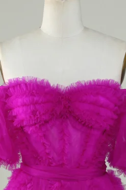 Elegante uma linha fora do ombro Fuchsia Tulle Corset Homecoming Dress
