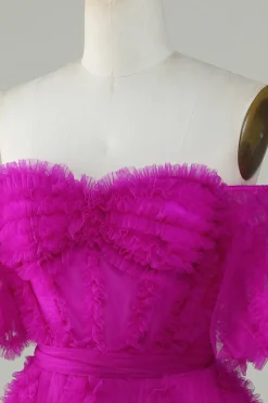 Elegante uma linha fora do ombro Fuchsia Tulle Corset Homecoming Dress