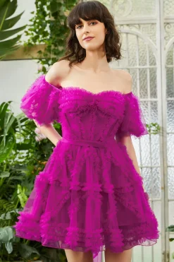 Elegante uma linha fora do ombro Fuchsia Corset Homecoming vestido com mangas