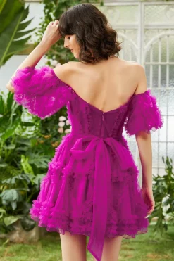 Elegante uma linha fora do ombro Fuchsia Corset Homecoming vestido com mangas
