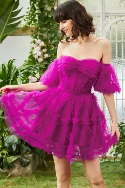 Elegante uma linha fora do ombro Fuchsia Corset Homecoming vestido com mangas