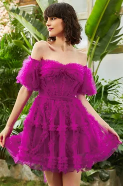 Elegante uma linha fora do ombro Fuchsia Corset Homecoming vestido com mangas