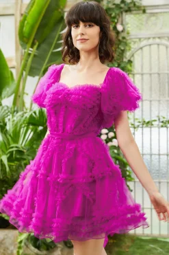 Elegante uma linha fora do ombro Fuchsia Corset Homecoming vestido com mangas