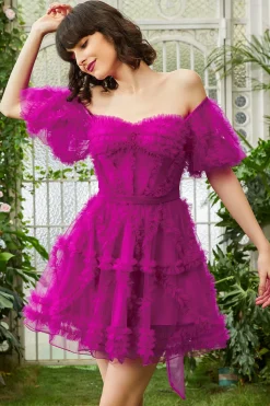 Elegante uma linha fora do ombro Fuchsia Corset Homecoming vestido com mangas