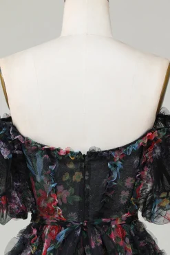 Elegante uma linha fora do ombro vestido de tule preto curto Homecoming com mangas curtas