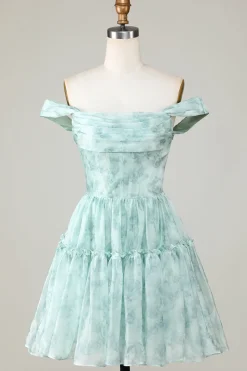 Elegante uma linha fora do ombro sálvia impresso vestido curto Homecoming