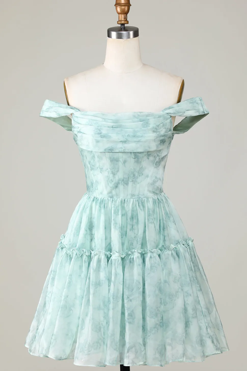 Elegante uma linha fora do ombro sálvia impresso vestido curto Homecoming